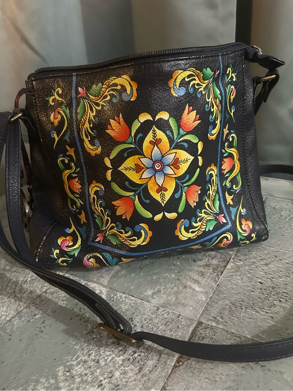 Anuschka navy Hand-Painted Floral Crossbody with Multicolor Accents